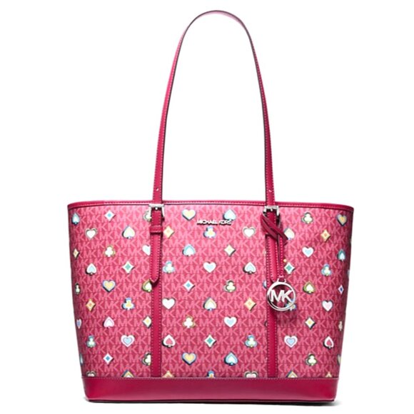 New Michael Kors Jet Set Large Printed Signature Logo Tote Bag Dark Raspberry - Picture 3 of 5